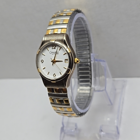 Womens CARAVELLE by BULOVA Date Gold Silver Two Tone Watch Stretch New Battery - Picture 2 of 10